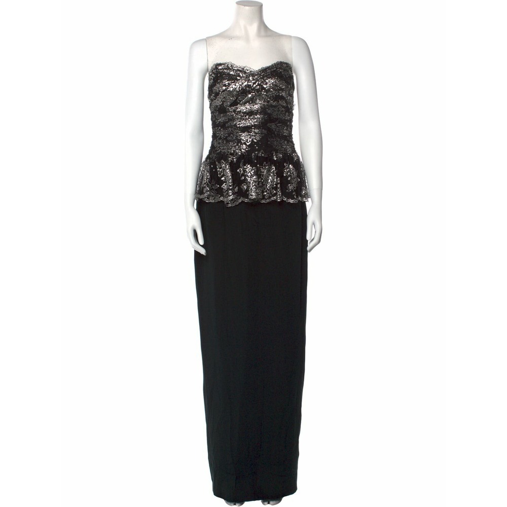 Marchesa Notte Metallic Silver Black Lace Peplum Maxi Dress Gown Size 10